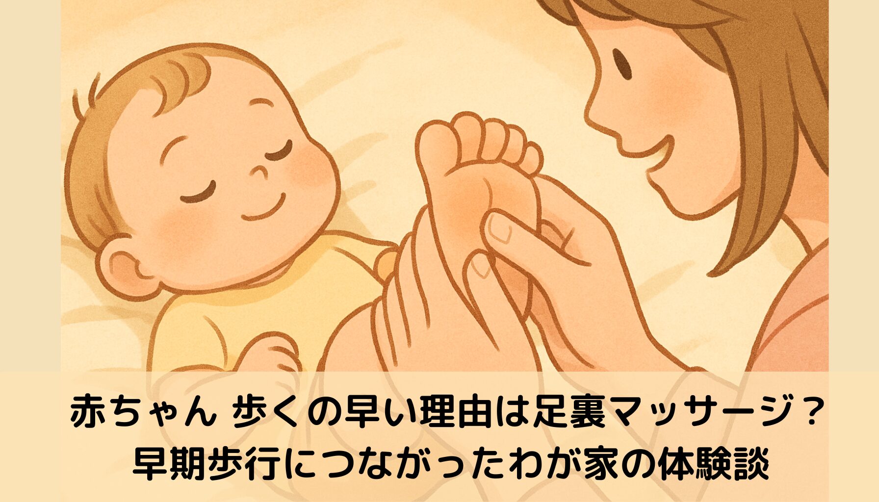 ふんわりした布団の上で足裏マッサージを受ける赤ちゃんとママの手のアップ